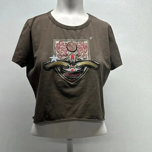 Celine Crop Top T-shirt Short Sleeve Motif Embroidered Crest Star Brown Size XL